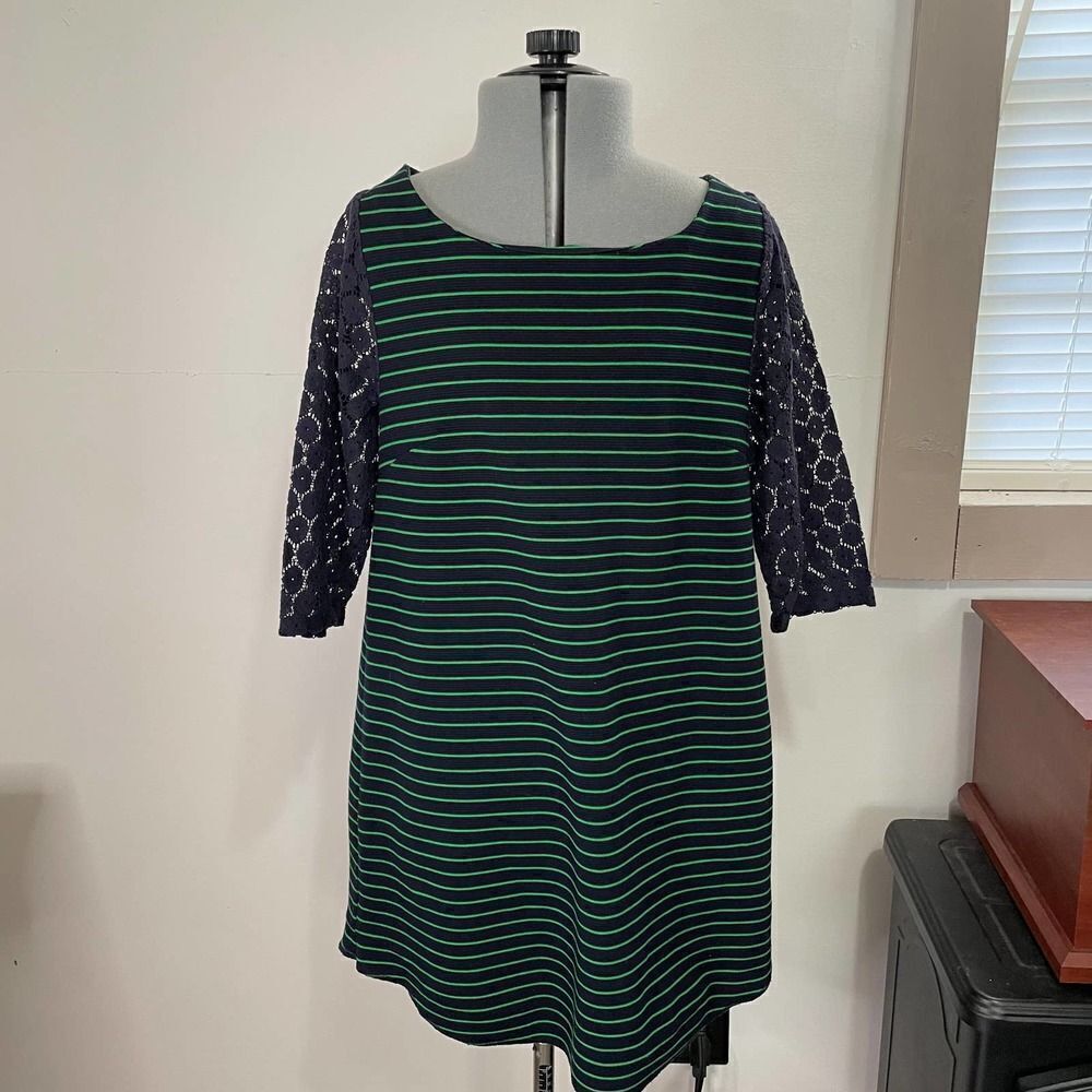 Anthropologie Postmark Blue Green Striped Top Tunic Lace Sleeves Size Small